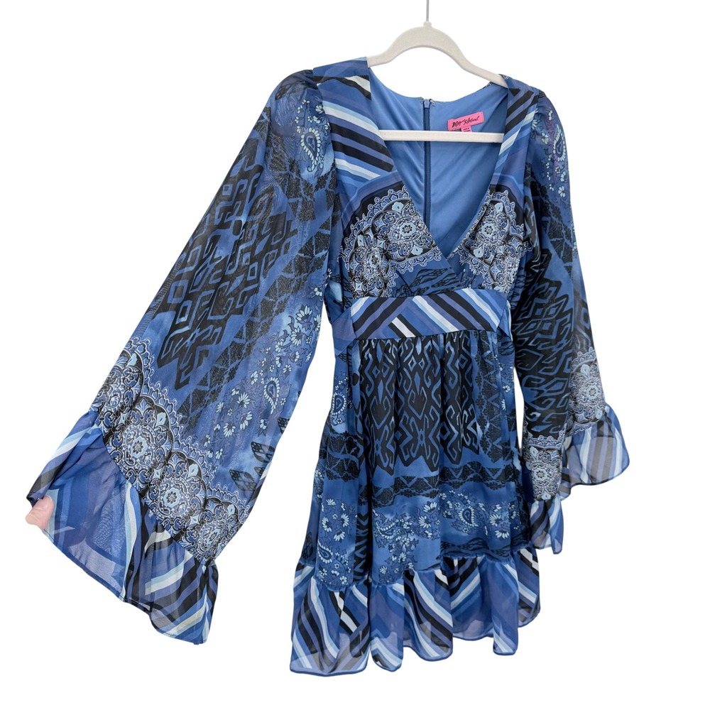 Betsey Johnson Blue Paisley Bell Sleeve Empire Waist Baby Doll Mini Dress 4 90's